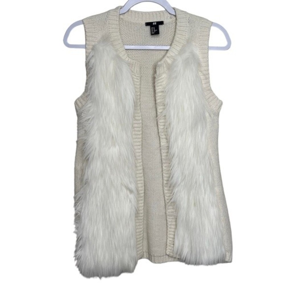 H&M Faux Fur Open Front Knit Sleeveless Cardigan Vest Boho Chic Glam Ivory Sz XS